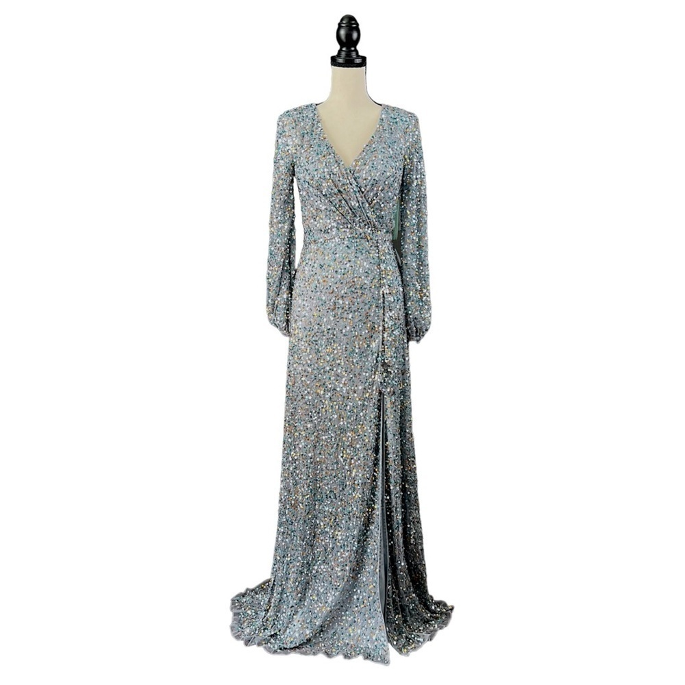 Mac Duggal Womens Sequined Evening Gown Dress Plunge Neckline Long Dress